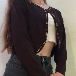 Beaded coffee brown one button cardigan 🤍